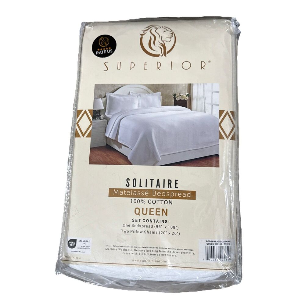 Superior Solitaire Queen 3 Piece Bedspread Set Matelasse Coverlet White 2 Shams